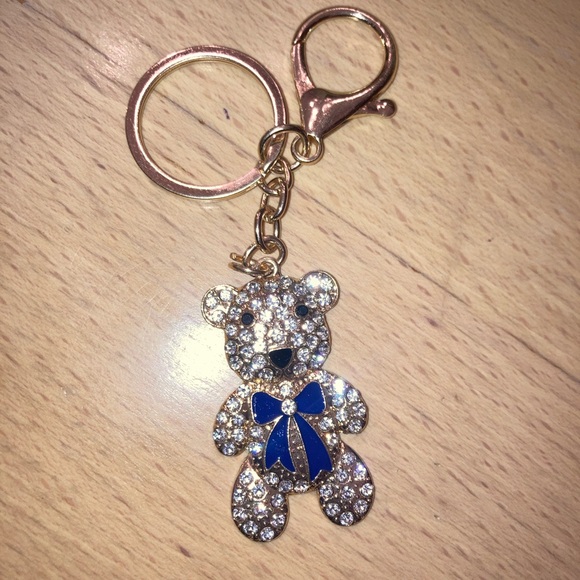 Rhinestone Bear Bag Charm - Keychain Gold with Lavender or Dark Blue Bow - New - Picture 3 of 5
